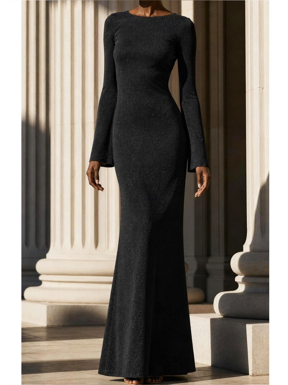 BAOBAB Musa Long Sleeve Open Back Maxi Dress, Shiny Black, Small